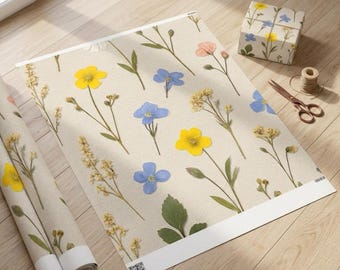 Pressed Flower Wrapping Paper, Wildflower Botanical Gift Wrap, Cottagecore Floral Packaging for Wedding & Birthday, Eco Friendly Paper