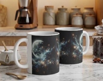 Kubek Cosmic Moon – Niebiański kubek do kawy dla miłośników kosmosu – Naczynia do picia z motywem galaktyki w gwieździstą noc – Ceramiczny prezent astronomiczny o pojemności 11 uncji – Unikalna faza księżyca