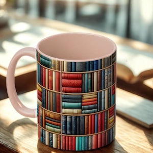 Bookshelf Coffee Mug, Gift for Book Lovers & Readers, Cozy Bookish Decor, Literary Tea Cup, Home Office Reading Mug, Mug for Book Lover