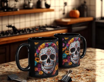 Day of the Dead Mug, Sugar Skull Coffee Cup, Dia de Los Muertos Gift, Mexican Holiday Drinkware, Black Ceramic Art, Ofrenda Decor