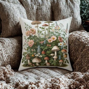Cottagecore Mushroom Pillow, Whimsical Floral Fungi Cushion, Nature Throw Pillow for Nook, Cozy Woodland Bedding or Home Decor Accent