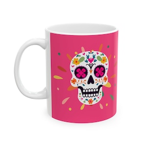 Dia de Los Muertos Sugar Skull Mug, Pink Ceramic Coffee Cup, Day of the Dead Gift, Mexican Holiday, Halloween Decor, Skeleton Drinkware