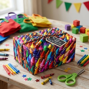 May include: A rectangular gift box wrapped in paper featuring a colorful crayon pattern, tied with rainbow-striped twine. A black chalkboard-style gift tag is attached, reading: To: Leo (Aged 5) From: The Crayon Crew. Surrounded by loose crayons.