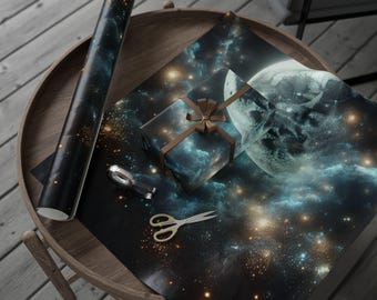 Celestial Moonlight Wrapping Paper – Starry Night Sky Gift Wrap, Misty Lunar Birthday Packaging, Moon-Themed Present Paper Roll