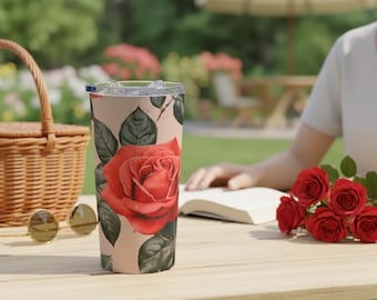 Red Rose Tumbler 20oz, Floral Stainless Steel Cup for Hot or Cold Drinks, Flower Gift for Her, Coffee Tea Travel Mug, Rose Lover Drinkware