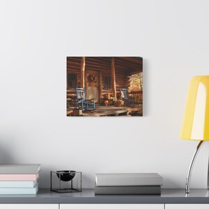 Blockhaus Veranda Leinwand Wandkunst, Gemütlicher Herbst Foto Herbst Wohnkultur, Natur Fotografie, Wald Landschaft, Rustikaler Poster Druck