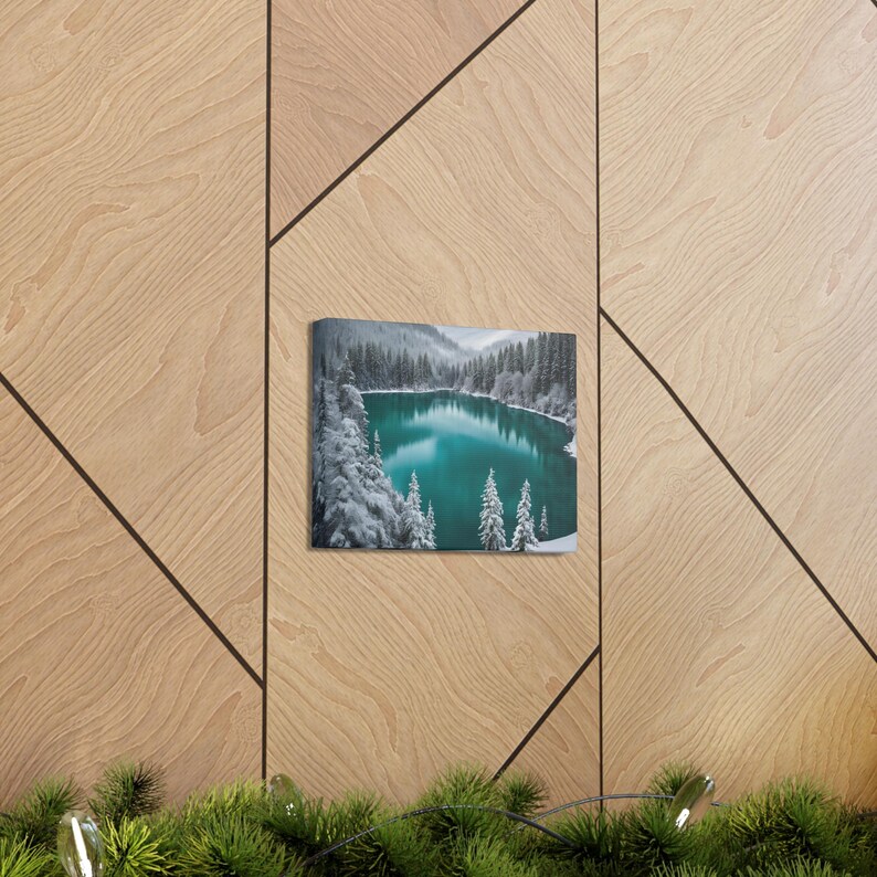 Emerald Lake Winter Forest Landscape Photo, Canvas Wall Art, Snowy Home