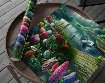 Swans & Floral Garden Wrapping Paper, Cottagecore Gift Wrap Roll, Vintage Botanical Packaging for Birthdays, Holidays, DIY