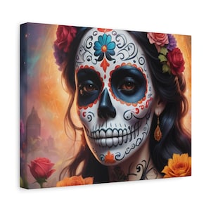Day of the Dead Woman Canvas Wall Art, Mexican Folk Art, Dia de Los Muertos, Sugar Skull Photo Print, Traditional Mexican Heritage