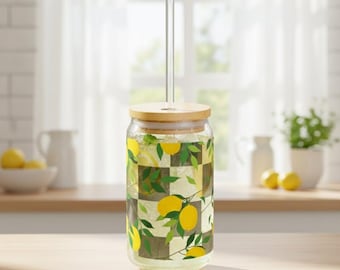 Lemon Checkerboard Sipper Glass - 16oz Cute Iced Coffee Cup - Summer Citrus Tumbler - Trendy Aesthetic Drinkware - Gift for Lemonade Lovers