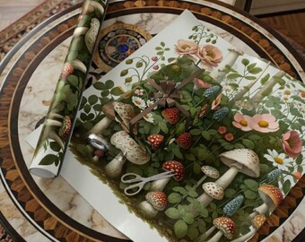 Whimsical Mushroom Wrapping Paper – Floral Fungi Gift Wrap, Eco-Friendly Cottagecore Party Decor, Nature-Inspired Packaging