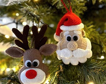 Adornos navideños de crochet: Rodolfo y Papá Noel (patrón PDF)