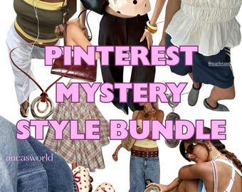 Könnte beinhalten: Eine Collage verschiedener Kleidungsstücke und Accessoires, darunter Oberteile, Röcke, Jeans und Schuhe. Das Bild zeigt den Text "Pinterest Mystery Style Bundle" in Rosa, mit dem Benutzernamen "ancasworld" unten.