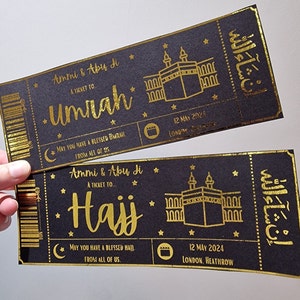 Luxury Gold Foiled Umrah Boarding Pass, Umrah Surprise Ticket, Umrah Gift Ticket, Umrah Reveal Voucher, Umrah Reveal Gift, Hajj Ticket image 1