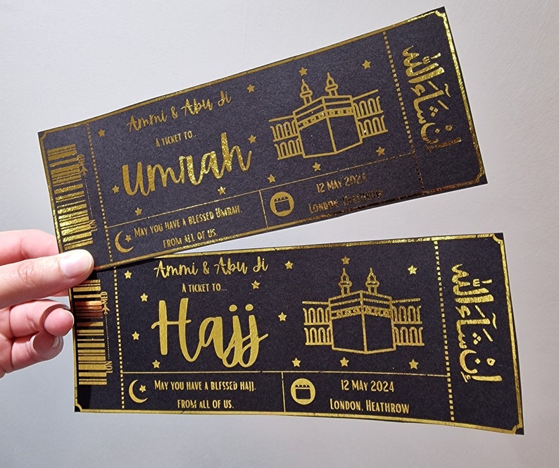 Luxury Gold Foiled Umrah Boarding Pass, Umrah Surprise Ticket, Umrah Gift Ticket, Umrah Reveal Voucher, Umrah Reveal Gift, Hajj Ticket image 1