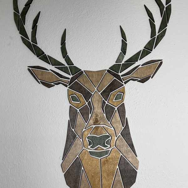 Deer Holzkunst, Holzwandkunst, Gemälde Hirschdekor, Hirschschädel, Wanddekor, Holzwandbehang, Housewarminggeschenk, Bürodeko