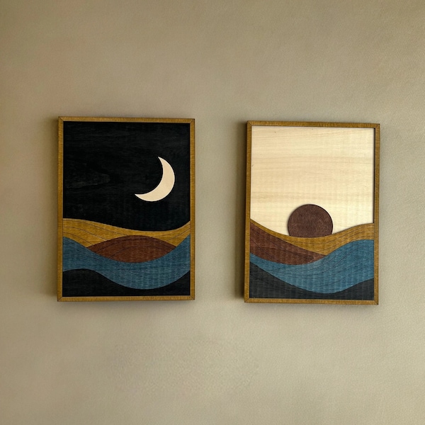 Mid-Century Modern Sonne und Mond Holzwandkunst, dekoratives minimalistisches Boho-Design, Sonnenuntergang gerahmter Wandbehang, geometrisches 2er-Set Wandkunst