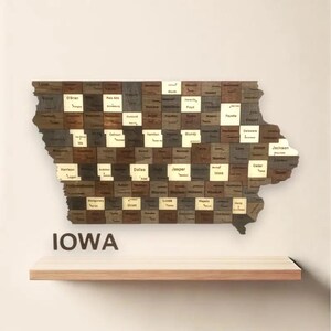 3D-Holz-Iowa-Karte, 3D-Iowa-rustikale Wandkunst, Zustandskarte-Holzdekor, handgefertigtes Holzwanddekor, Iowa-Bürodekor