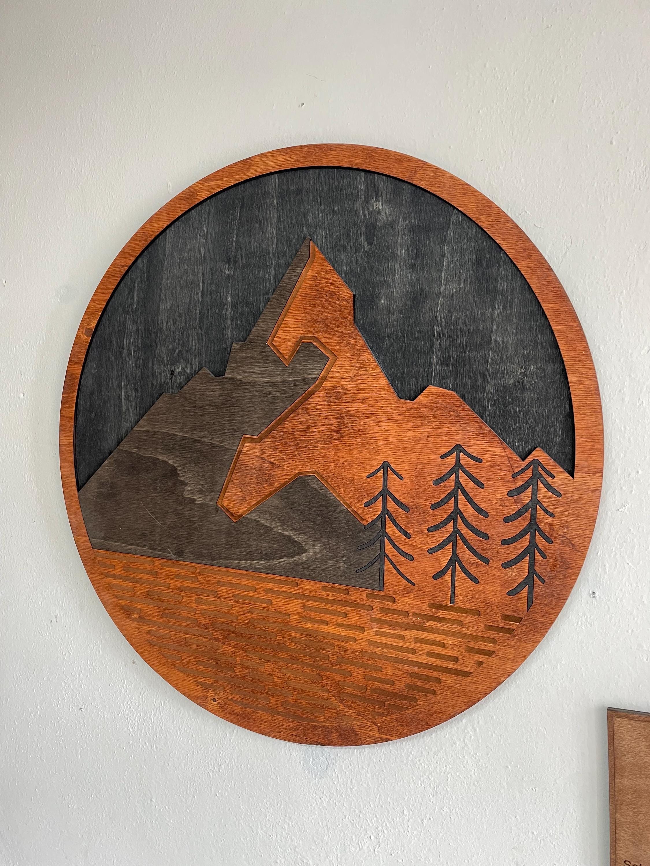 Mountain Design, Natural Rustic Wood Wall Art, Modern Mountain Wall Decor, Wood Wall Hanging Housewarming Gift, Farmhouse Wall Art Decor