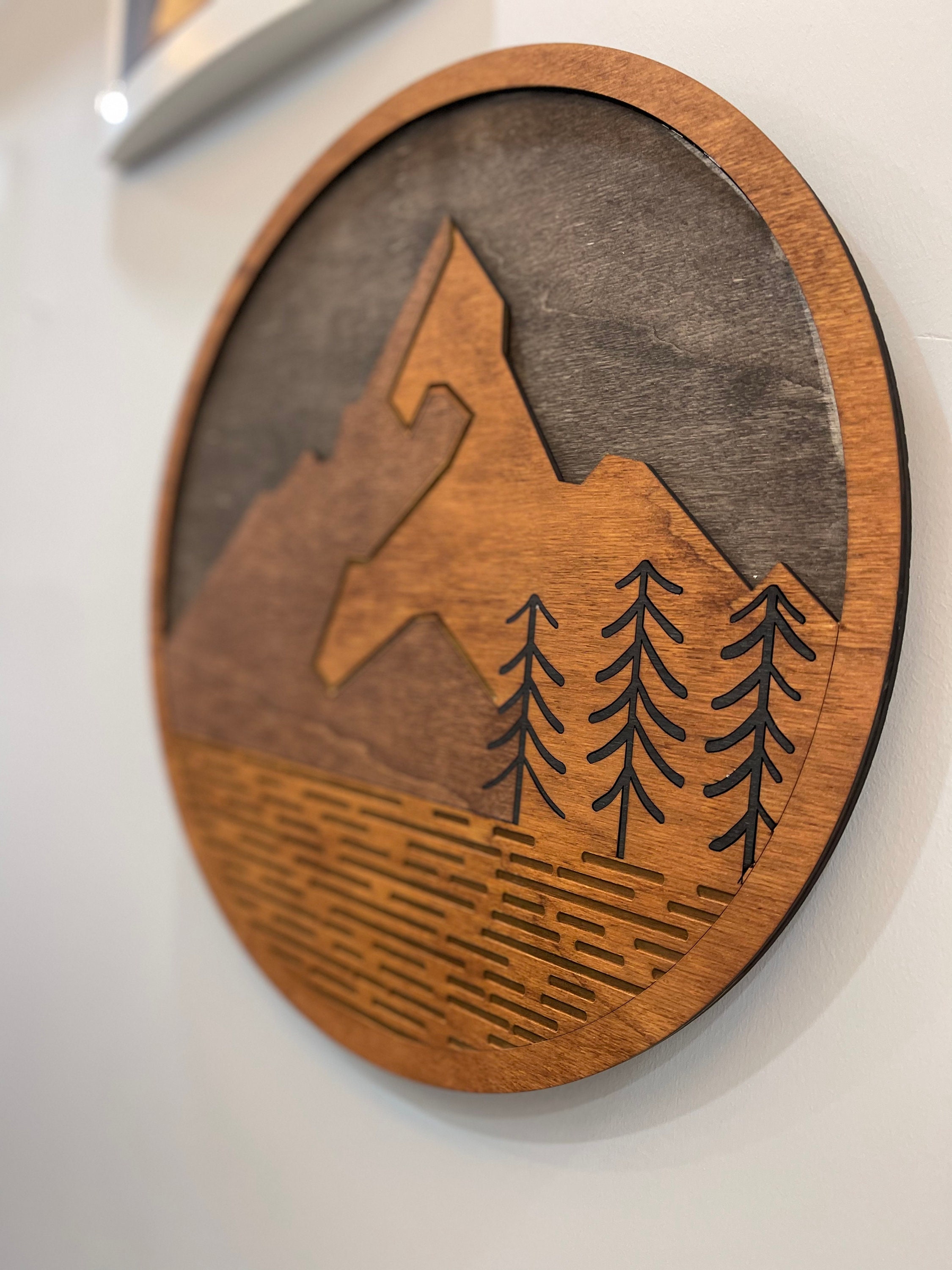 Mountain Design, Natural Rustic Wood Wall Art, Modern Mountain Wall Decor, Wood Wall Hanging Housewarming Gift, Farmhouse Wall Art Decor