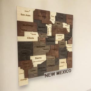 Mapa de Nuevo México en madera 3D, arte rústico de pared de Nuevo México, decoración de madera con mapa estatal, decoración de pared de madera artesanal, decoración de oficina de Nuevo México