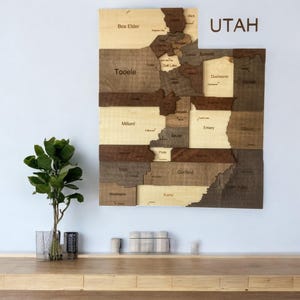 Mapa del estado de Utah de madera hecho a mano, decoración rústica para el hogar grabada a medida, forma de estado única cortada con láser para el hogar o la oficina, mapa de Utah para colgar en la pared