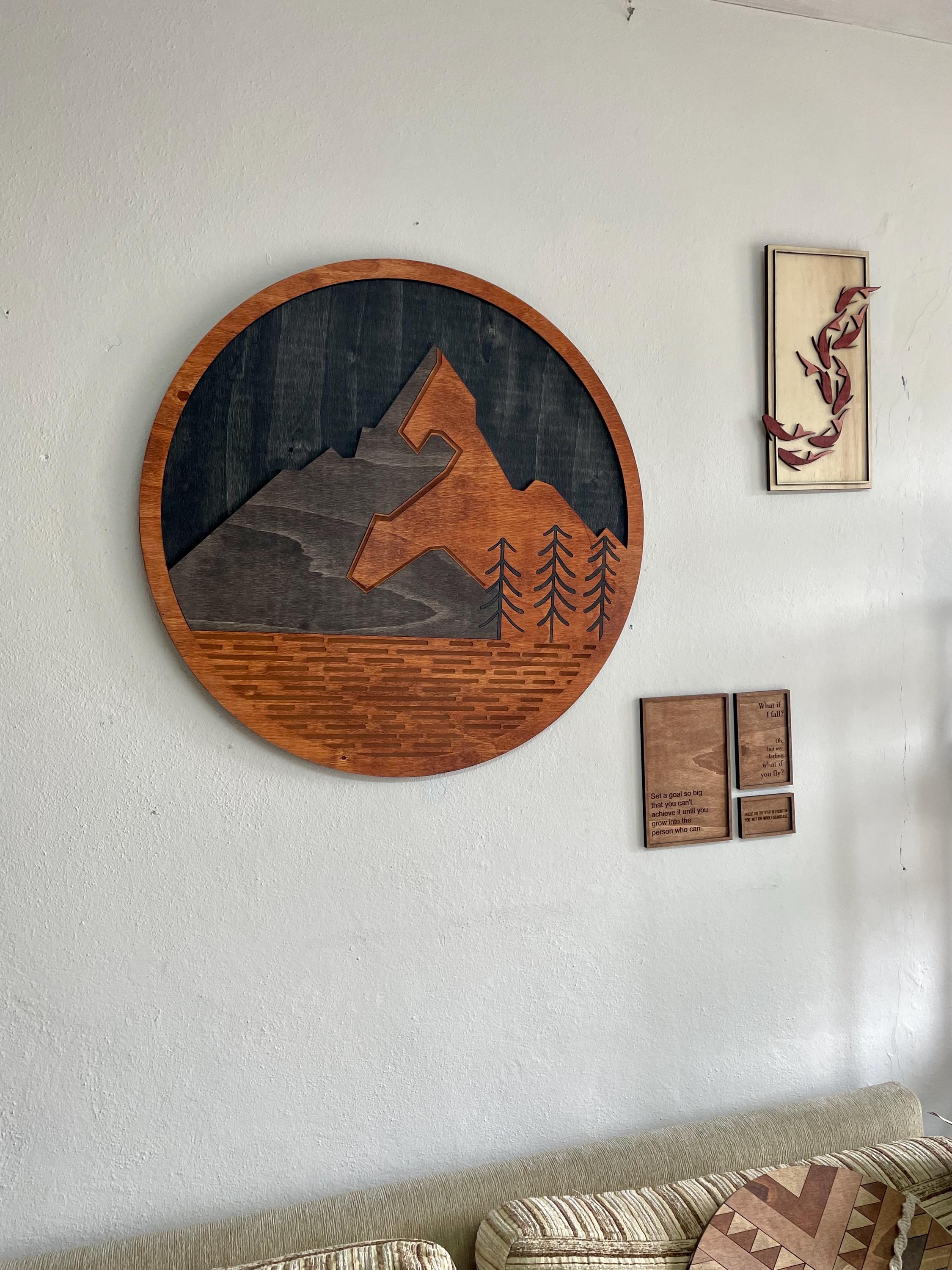 Mountain Design, Natural Rustic Wood Wall Art, Modern Mountain Wall Decor, Wood Wall Hanging Housewarming Gift, Farmhouse Wall Art Decor