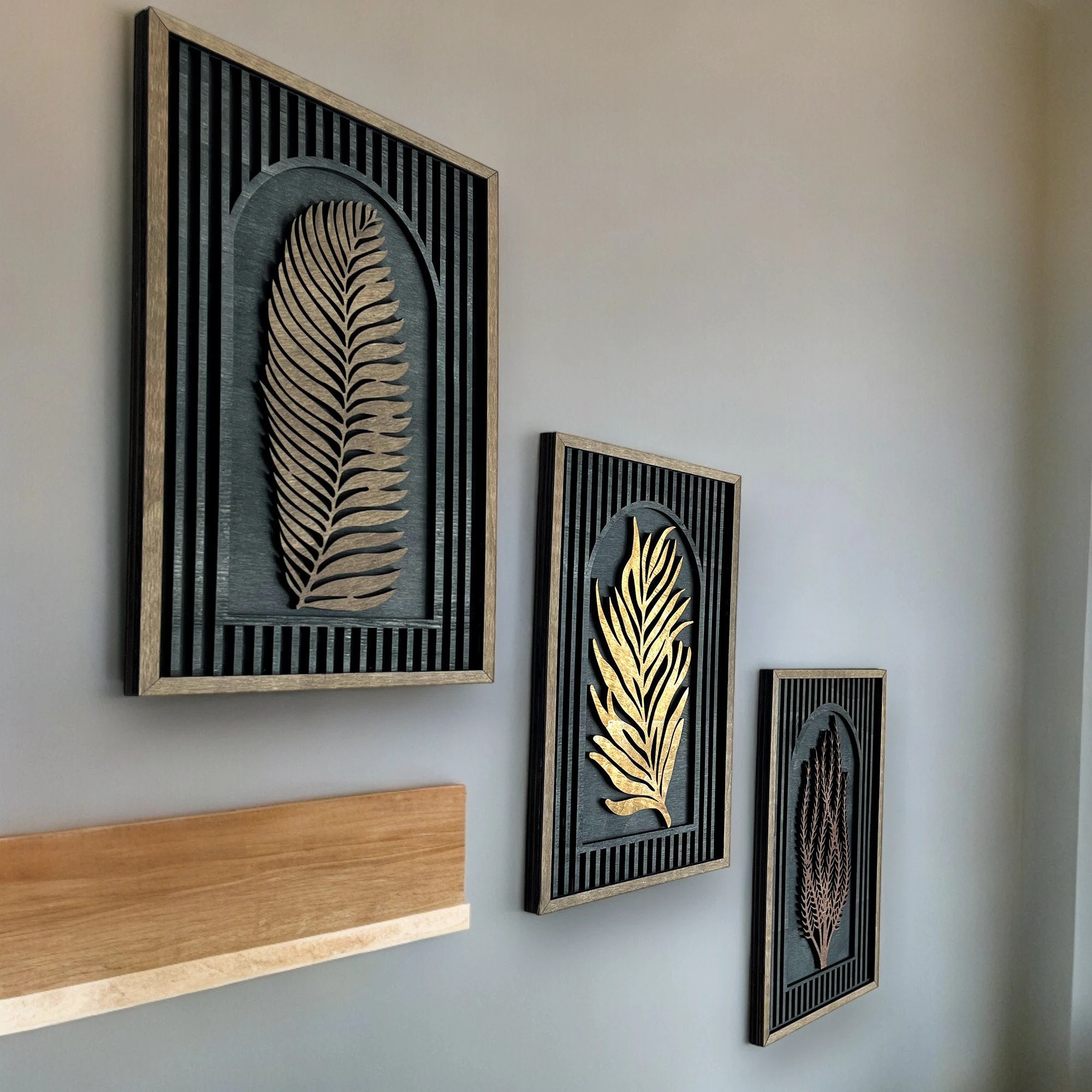 3 Set Wood Flower Wall Art Set, Tropical Leaves Wooden Wall Art, Rustic