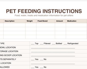 May include: Pet feeding instructions form with fields for food, water, treats, and medication information. Includes sections for description, weight, food brand, amount, and medication. Also has options for water type and treat instructions.