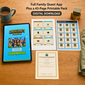 Può includere: Un set di download digitale con l'app Dadcraft Family HQ su un tablet, un pacchetto stampabile di 43 pagine con schede di missioni, una tabella di badge da guadagnare e un certificato di successo. Il testo recita Full Family Quest App Plus a 43-Page Printable Pack DIGITAL DOWNLOAD.