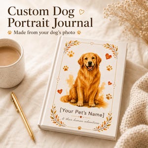 May include: A white hardcover journal featuring a golden retriever illustration, paw prints, and heart motifs. The cover text reads Custom Dog Portrait Journal, Made from your dog's photo, [Your Pet's Name], and & their human adventures.