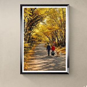 Könnte beinhalten: Ein gerahmter vertikaler Wandkunstdruck, der einen Pfad durch einen Wald mit goldenen Herbstblättern zeigt. Zwei Kinder, eines in einer blauen und eines in einer roten Jacke, gehen mit einem schwarz-weißen und einem goldenen Hund den Weg entlang.