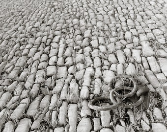 MISSISSIPPI MOORING | Cobblestone Echoes in B&W. A rustic art print capturing the organic charm of river ties on weathered stones."