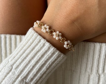 Bracelet Perles / Fleurs / Blanc et Or / Taille Modélisable Elégant / Anniversaire / Pour Elle / Fête des Mères