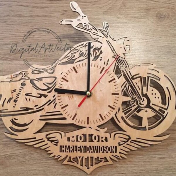 Horloge Harley Davidson découpée au laser, téléchargement de fichiers vectoriels CDR DXF SVG Pdf Ai