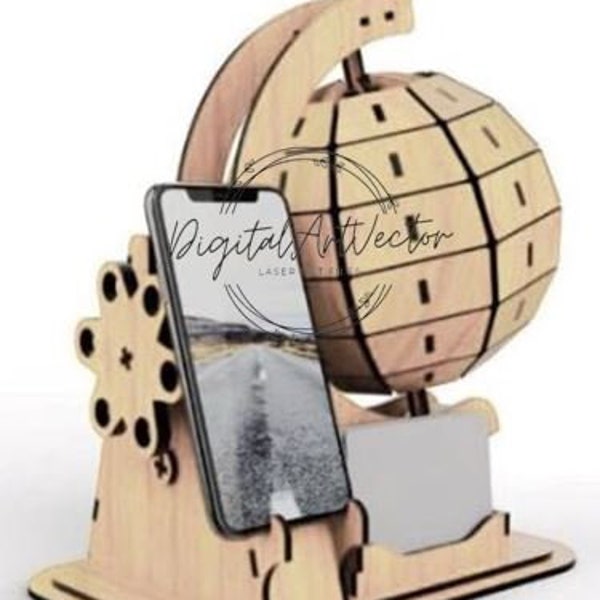 Laser Cut Mechanical World Globe Card and Phone Holder CDR DXF SVG Pdf Ai Vector Files