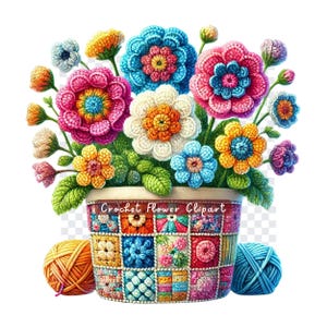 May include: A colourful crocheted flower arrangement in a patchwork pot with two balls of yarn. The flowers are in shades of pink, blue, yellow, and white. The pot is made of squares of different colours and patterns. The yarn is orange and blue.