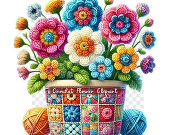 Clipart de flores de crochet (sin patrones de costura), 12 archivos PNG con fondo transparente, flores de hilo hechas a mano, descarga digital