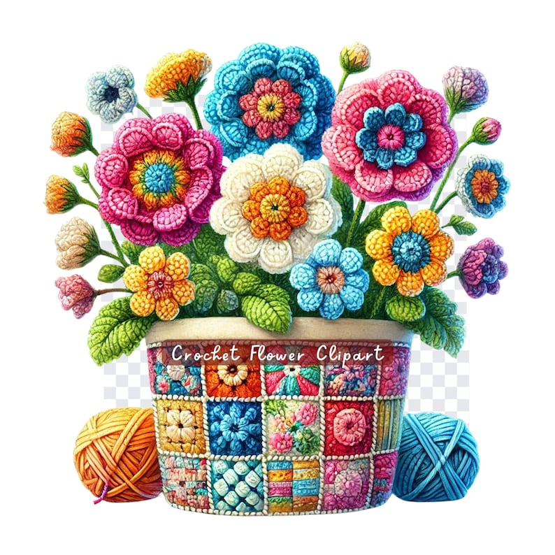 May include: A colourful crocheted flower arrangement in a patchwork pot with two balls of yarn. The flowers are in shades of pink, blue, yellow, and white. The pot is made of squares of different colours and patterns. The yarn is orange and blue.