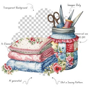 Clipart in stile patchwork ad acquerello - 14 PNG download digitale, sfondo trasparente, non dipinto a mano, non è un modello di cucito