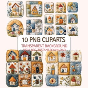 Könnte beinhalten: Eine Sammlung von 10 PNG-Cliparts mit skurrilen, gesteppten Hausdesigns. Jedes Quadrat zeigt ein einzigartiges Cottage mit floralen und Blatt-Akzenten in Blau-, Gelb-, Orange- und Rottönen. Der Text lautet: "10 PNG Cliparts, Transparent Background, High Res, Instant Download."