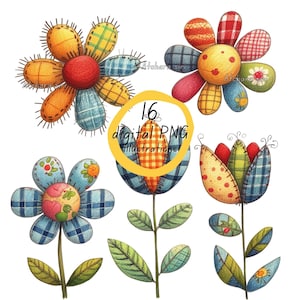 May include: A set of 16 digital PNG illustrations of colorful patchwork flowers with green stems and leaves. The flowers are in various shapes and sizes, with different patterns and textures.
