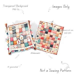 Not Sewing Patterns watercolor clipart ,designed in a quilt patchwork art style to mimic the look of traditional quilting.
