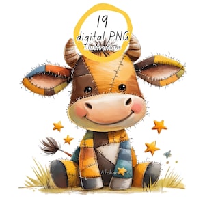 Cute Baby Bull Clipart Set of 19 PNG Illustrations Transparent Background Digital Download for Farm Animal and Kids DIY Projects