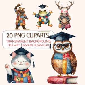 Cute Graduation Animals Clipart – 20 PNGs with Transparent Background for Cards & Crafts