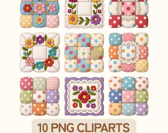 Floral Quilt Block PNG Clipart : Style de tissu patchwork (10 fichiers, téléchargement numérique)