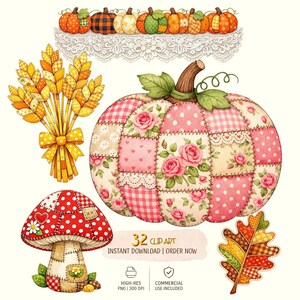 Pumpkin Spice Patchwork Clipart PNG Bundle, Transparent Background Fall Digital Art