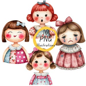 Clipartbundel Doll Girl Emotions - 16 schattige digitale png-gezichten, transparante achtergrond, niet handgemaakt, geen naaipatroon