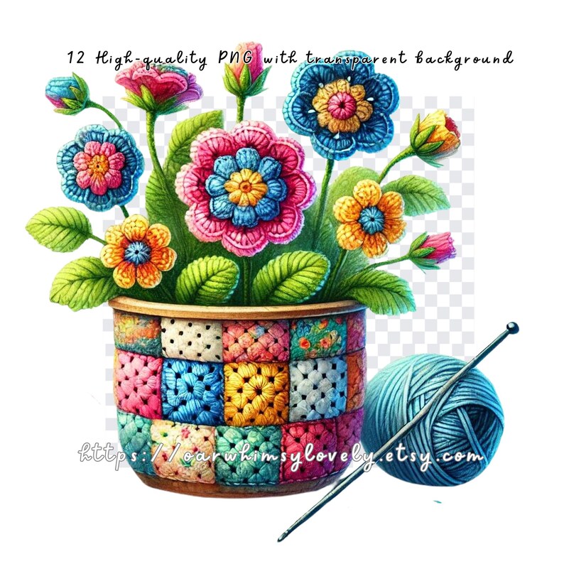 May include: A colourful crocheted flower arrangement in a patchwork pot with a ball of yarn and a crochet hook.