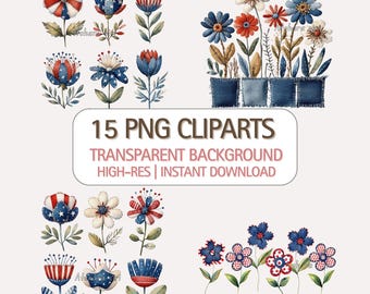 Americana Folk Flower Clipart – 15 Cozy Handmade-Look PNGs, Patchwork Style